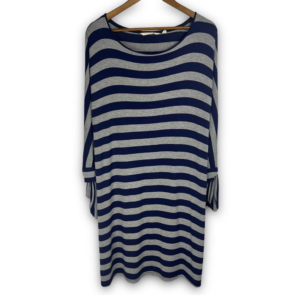 Soft Surroundings Gray Blue Striped Adrift Knit Tie Cuffs Shift Dress Medium